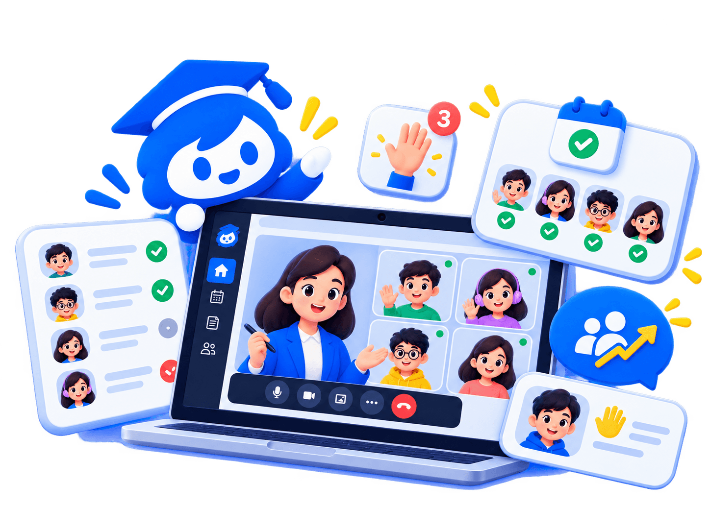 Illustration of a teacher and students connecting in an online classroom
